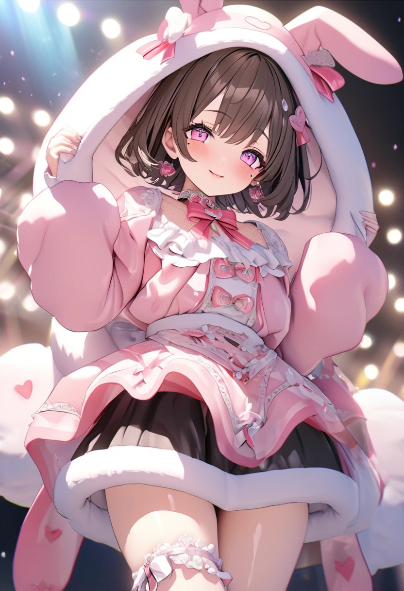 One Girl、Gazing at the audience、
Beautiful pink eyes、Brown short hair、Mole under the eye、Plump and glossy lips、Heart-shaped choker、Idol、Her name is Rico、smile、ー、。。。。。。。。。。。。。。。。。。。。。。。。。。。。。。。。3D、Real、
Pink fluffy top、Black fluffy mini skirt、Rabbit-inspired costume、、gem、Lace trim、On the glittering stage、
masterpiece、highest quality、8k、Detailed skin texture、Detailed cloth texture、Beautifully detailed face、Intricate details、Very detailed、
Ultra-high resolution、8k Ultra HD、Film Grain、Best Shadow、delicate、Gazing at the audience、front