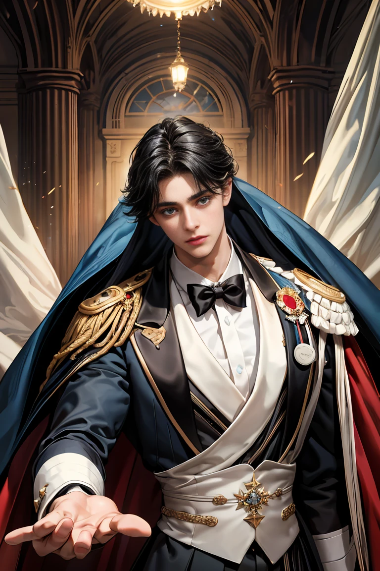 
masterpiece, 最high quality, high quality, 1 boy, alone, Male focus, Watching the audience,  Messy black hair, Adorable big blue eyes, White, Noble, Noble,Sexy voluminous cape、Tuxedo、A very voluminous, large, very large, very large, long, long red and black cape with a high stand-up collar, reaching down to the floor, made of a lot of fabric., 17 years old,Cute beautiful boys,Cute, cute, kind, handsome guy