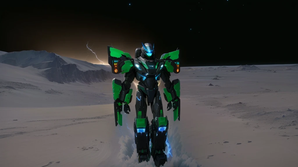 a black colored male transformer with green inserts, symmetrically arranged green parts, on the frontof the body not transparent cabin, on the back - aircraft's wings, arms from elbows to hands look like the front part of a aircraft, wheels are visible on the shoulders, on the legs from knees to the ankle there are aircraft's repulsors and small aircraft's tail wings, no helmet, light blue eyes, two legs, two arms, not a suit, on a background there is an empty dark blue metal desert, no buildings, no structures, dark blue storm clouds, light blue lightning from the clouds, blue river, river to the horizon, electrified river, light blue lightning from the river, space sky, stars in the sky, composition on the metal planet, big metalic planet, dark-blue metal, shiny metal, cybertron, mechanical planet, empty wasteland, dark blue storm clouds, light blue lightning from clouds, blue river, river to horizon, electrized river, light blue lightning from river, space sky, stars on the sky, realistic, watercolor, 4k, high quality, hight attention to details, concept art, concept art by Chris Mowry.