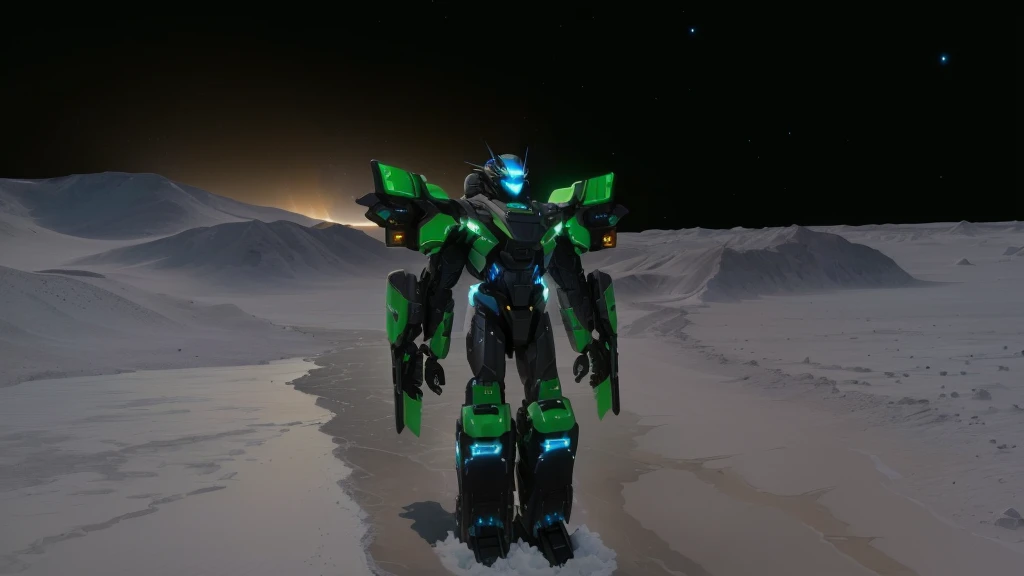 a black colored male transformer with green inserts, symmetrically arranged green parts, on the frontof the body not transparent cabin, on the back - aircraft's wings, arms from elbows to hands look like the front part of a aircraft, wheels are visible on the shoulders, on the legs from knees to the ankle there are aircraft's repulsors and small aircraft's tail wings, no helmet, light blue eyes, two legs, two arms, not a suit, on a background there is an empty dark blue metal desert, no buildings, no structures, dark blue storm clouds, light blue lightning from the clouds, blue river, river to the horizon, electrified river, light blue lightning from the river, space sky, stars in the sky, composition on the metal planet, big metalic planet, dark-blue metal, shiny metal, cybertron, mechanical planet, empty wasteland, dark blue storm clouds, light blue lightning from clouds, blue river, river to horizon, electrized river, light blue lightning from river, space sky, stars on the sky, realistic, watercolor, 4k, high quality, hight attention to details, concept art, concept art by Chris Mowry.