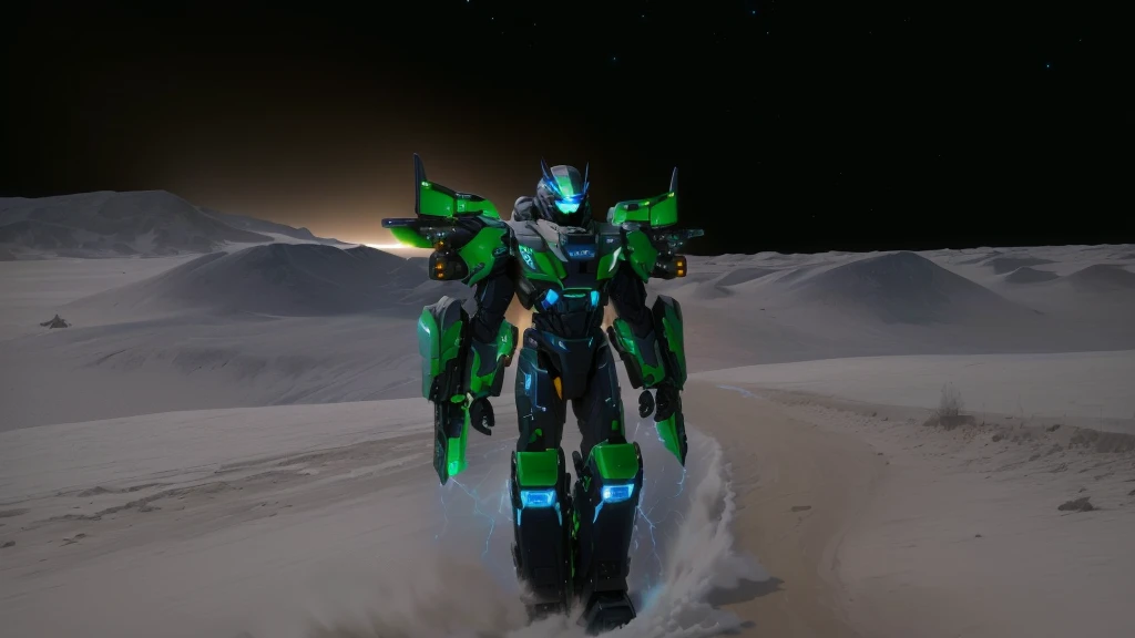 a black colored male transformer with green inserts, symmetrically arranged green parts, on the frontof the body not transparent cabin, on the back - aircraft's wings, arms from elbows to hands look like the front part of a aircraft, wheels are visible on the shoulders, on the legs from knees to the ankle there are aircraft's repulsors and small aircraft's tail wings, no helmet, light blue eyes, two legs, two arms, not a suit, on a background there is an empty dark blue metal desert, no buildings, no structures, dark blue storm clouds, light blue lightning from the clouds, blue river, river to the horizon, electrified river, light blue lightning from the river, space sky, stars in the sky, composition on the metal planet, big metalic planet, dark-blue metal, shiny metal, cybertron, mechanical planet, empty wasteland, dark blue storm clouds, light blue lightning from clouds, blue river, river to horizon, electrized river, light blue lightning from river, space sky, stars on the sky, realistic, watercolor, 4k, high quality, hight attention to details, concept art, concept art by Chris Mowry.