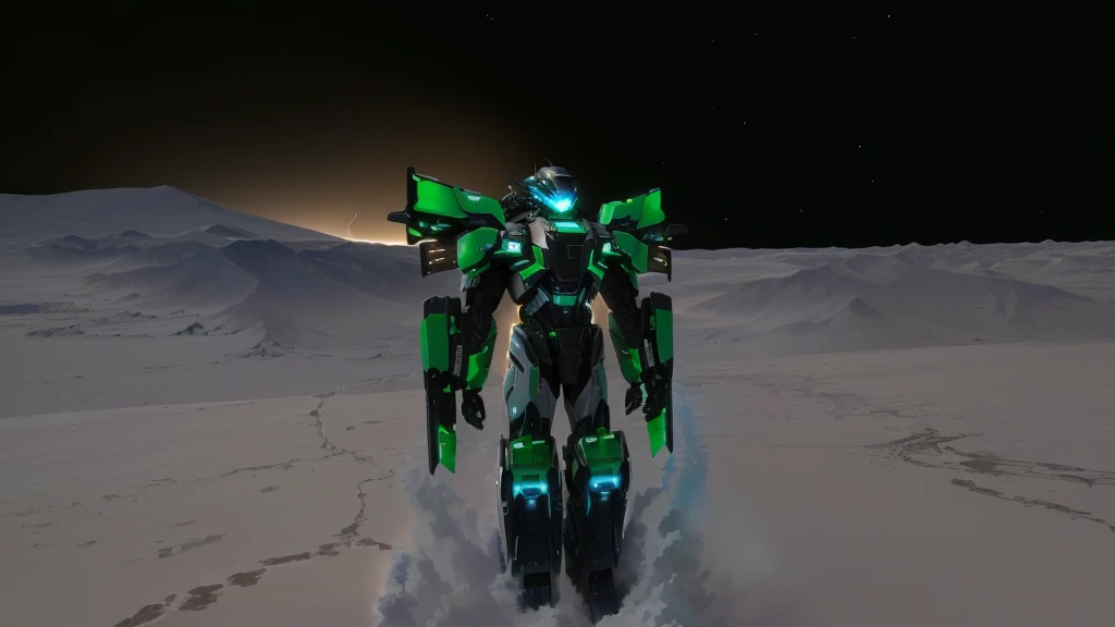 a black colored male transformer with green inserts, symmetrically arranged green parts, on the frontof the body not transparent cabin, on the back - aircraft's wings, arms from elbows to hands look like the front part of a aircraft, wheels are visible on the shoulders, on the legs from knees to the ankle there are aircraft's repulsors and small aircraft's tail wings, no helmet, light blue eyes, two legs, two arms, not a suit, on a background there is an empty dark blue metal desert, no buildings, no structures, dark blue storm clouds, light blue lightning from the clouds, blue river, river to the horizon, electrified river, light blue lightning from the river, space sky, stars in the sky, composition on the metal planet, big metalic planet, dark-blue metal, shiny metal, cybertron, mechanical planet, empty wasteland, dark blue storm clouds, light blue lightning from clouds, blue river, river to horizon, electrized river, light blue lightning from river, space sky, stars on the sky, realistic, watercolor, 4k, high quality, hight attention to details, concept art, concept art by Chris Mowry.