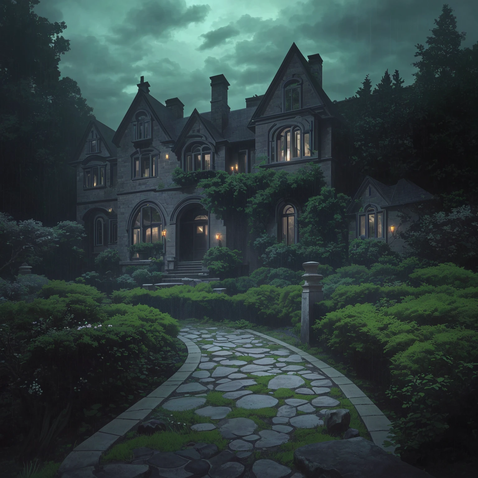 Dark windows with no light, a Romanesque Revival mansion accessed by a winding stone path surrounded by an English garden. There is a dense forest behind the house. There is a dark cloud above the house, which portends a downpour. The lights in the windows are off
