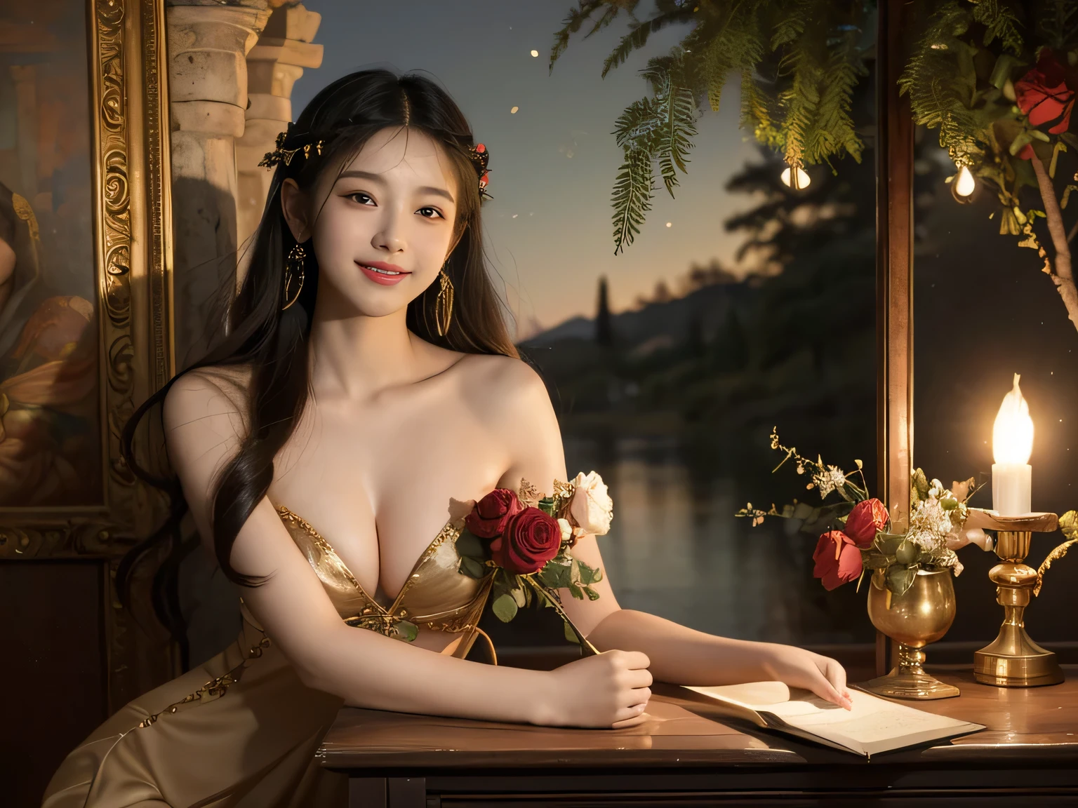 Giorgione painting style,Arguments of two female Philosophe,math、astronomical machine、astronaut、roses in vase、fruits、Cute trinkets、smile、ancient greek costume、Background is a forest lake at night 、Clothes that stretch your shoulders、A big smile、beautiful bare skin、A detailed representation of the seducing woman throughout her body.