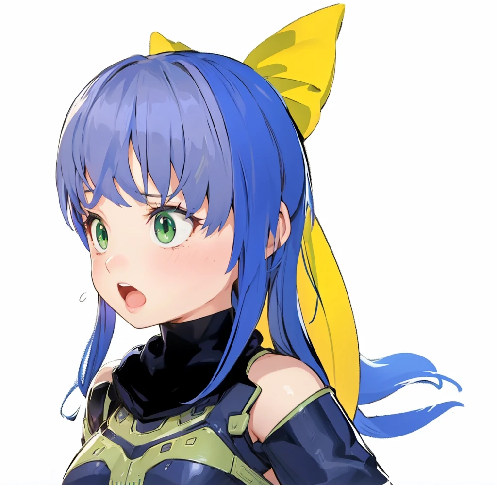 beautiful girl,shout,Be shocked,Green Eyes,Blue Hair,Yellow ribbon,ponytail,Bodysuits,4k,8k,highest quality
