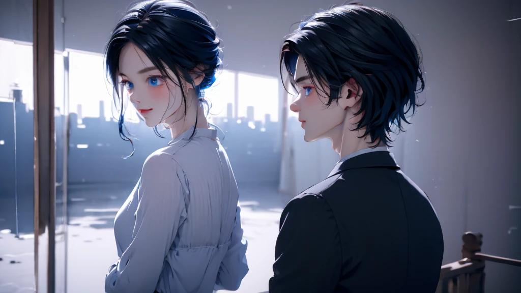 1 Boy&Girl , Boy medium light black hair, Girl medium light Blue hair, light blue eyes, wearing black suit, night city, 18+ , high res, ultrasharp, 8K, masterpiece, looking from behind