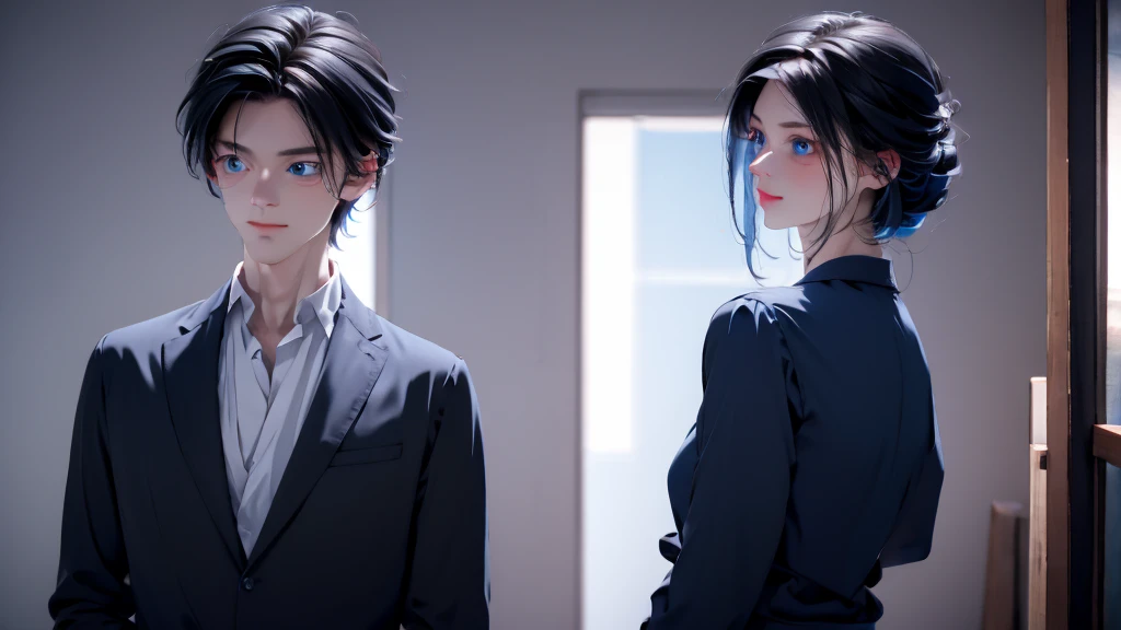 1 Boy&Girl , Boy medium light black hair, Girl medium light Blue hair, light blue eyes, wearing black suit, night city, 18+ , high res, ultrasharp, 8K, masterpiece, looking from behind
