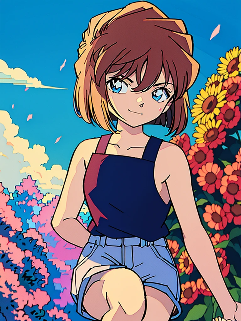 anime style, (1girl in, Solo:1.0), (Haibara Ai), ((Short pants)), (((Big eyes))), (Cute anime girl head), (flat chest),looking at viewer,With a height of 100cm, shoot from front, (head shot), hair flowing in the wind、soft smile、happy smile、Against the background of blooming floweragic effect、Warm sunshine、blue sky、sunny、spring season、petals dancing in the wind