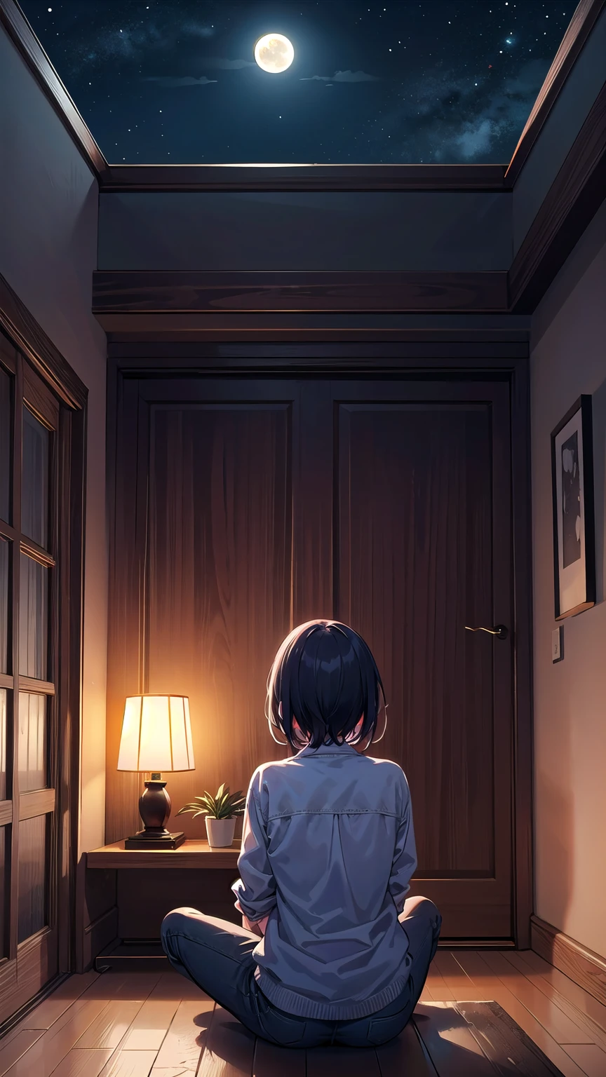 Back view of a person sitting alone in a room at night。In a dimly lit room、The moonlight outside is shining in