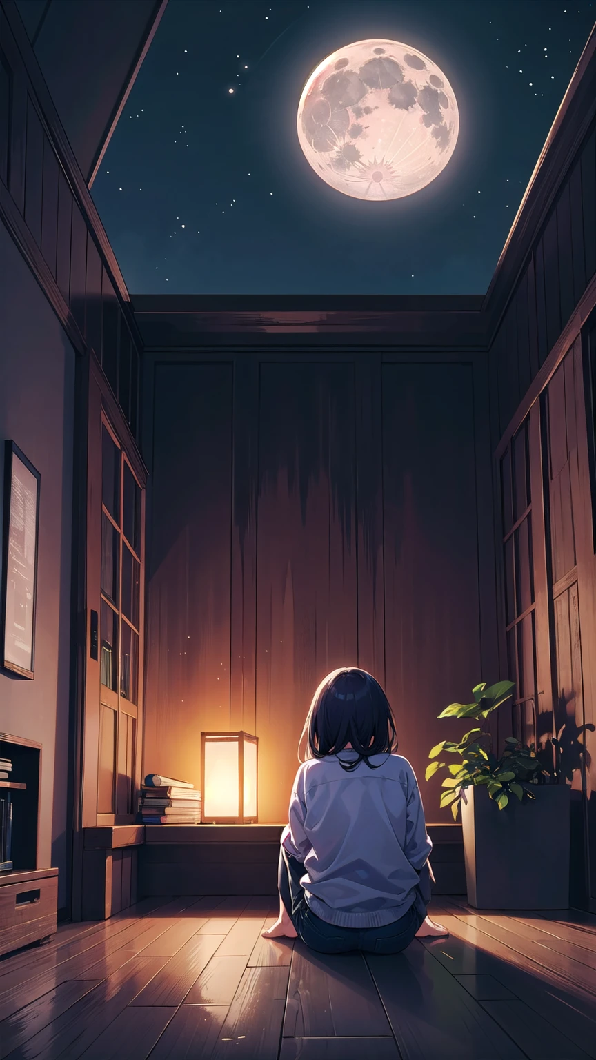 Back view of a person sitting alone in a room at night。In a dimly lit room、The moonlight outside is shining in