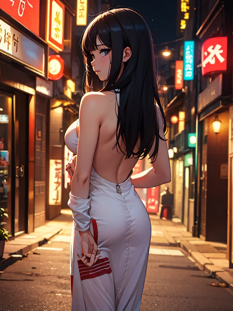 (​masterpiece、top-quality、hight resolution、Unity 8k Wallpaper、extremely details CG:1), The focus is on the back of the prostitute leading the way through the nighttime entertainment district, and her figure is the star of the show. She walks confidently forward, not looking back. The camera is from the perspective of a man walking behind her. A sexually attractive and seductive back view. nsfw