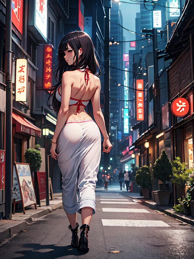 (​masterpiece、top-quality、hight resolution、Unity 8k Wallpaper、extremely details CG:1), The focus is on the back of the prostitute leading the way through the nighttime entertainment district, and her figure is the star of the show. She walks confidently forward, not looking back. The camera is from the perspective of a man walking behind her. A sexually attractive and seductive back view. nsfw