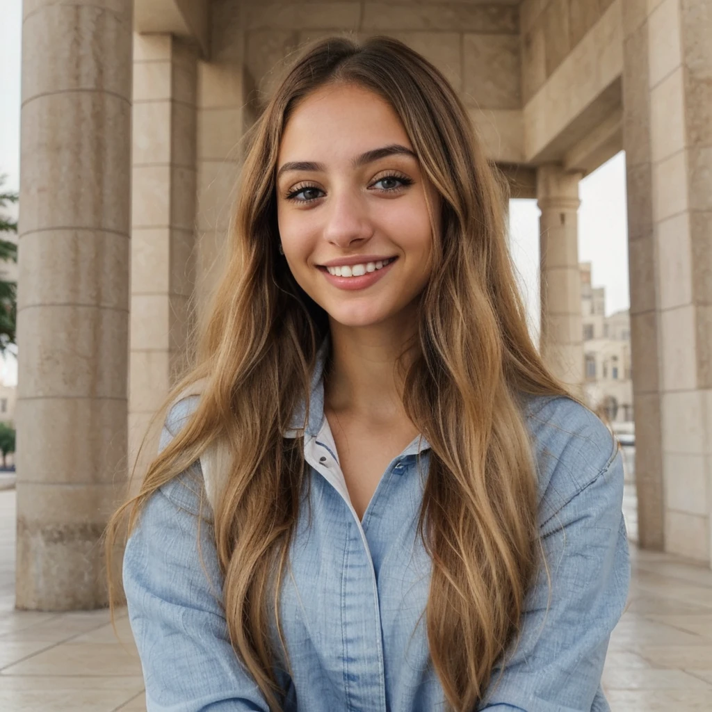 one cute women, 22YO, white, Arab, cute face, realistic brown eyes, blue jacket, blonde/brown hair, cute smile, skinny face, white realistic teethes, big eyes, long hair, no hands