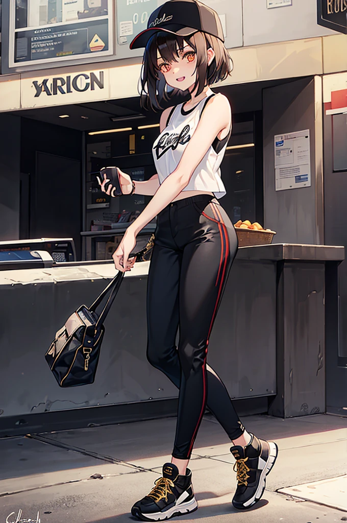 a young woman with short blackish-brown hair and golden eyes with black irises. She has a muscular but slim build, fang-like front teeth, and black-painted talons similar to those of a vampire. For clothing, she wears her signature baseball cap along with a plethora of different modern outfits and casual outfits like black colored cropped pants, sleeveless shirt and short boots or sneakers.