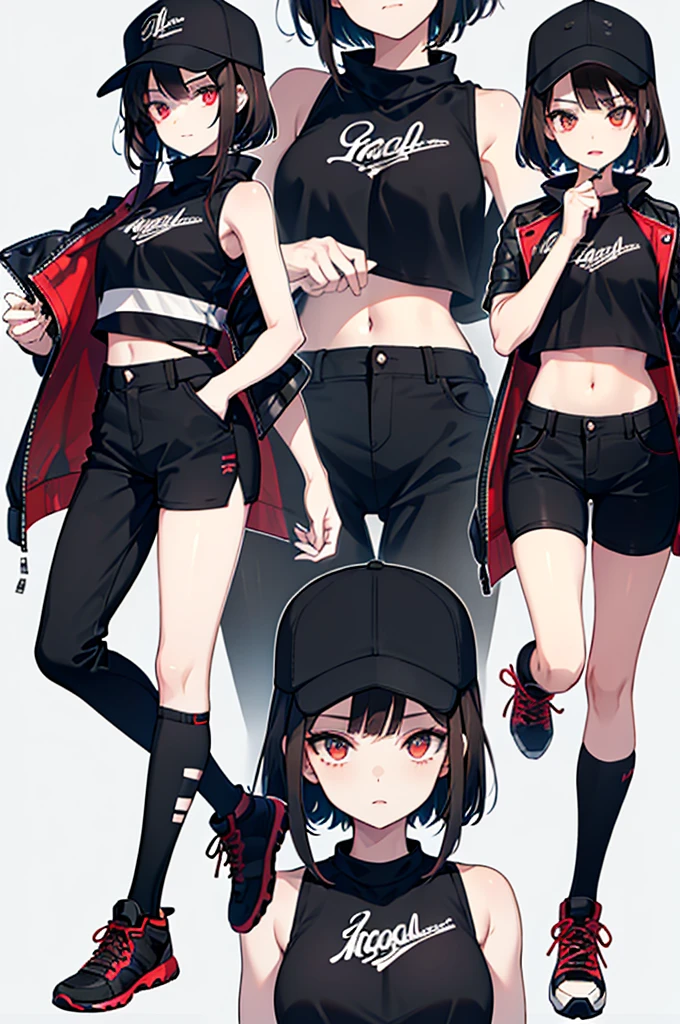 a young woman with short blackish-brown hair and golden eyes with black irises. She has a muscular but slim build, fang-like front teeth, and black-painted talons similar to those of a vampire. For clothing, she wears her signature baseball cap along with a plethora of different modern outfits and casual outfits like black colored cropped pants, sleeveless shirt and short boots or sneakers.