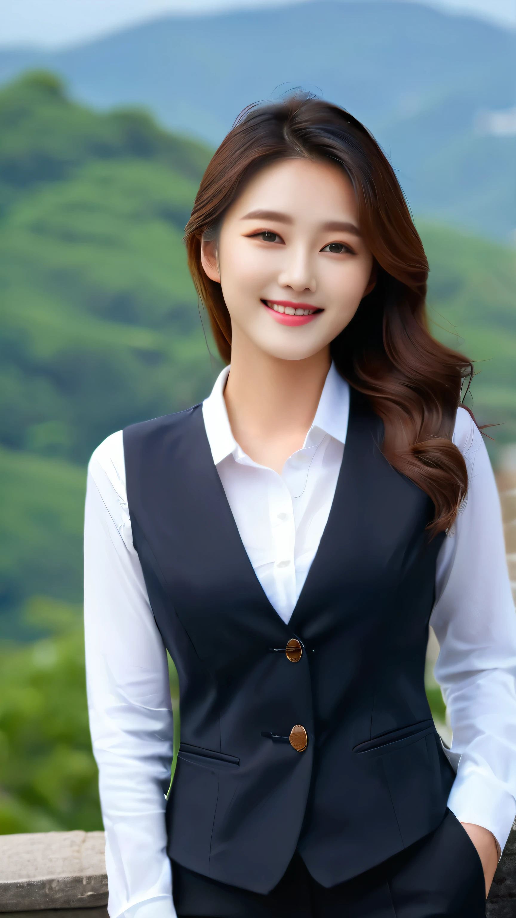 Closeup of beautiful korean woman, 34 inch chest size, Wearing a vest, Pants, Smile, On the Hill, Bokeh background , Ultra HD