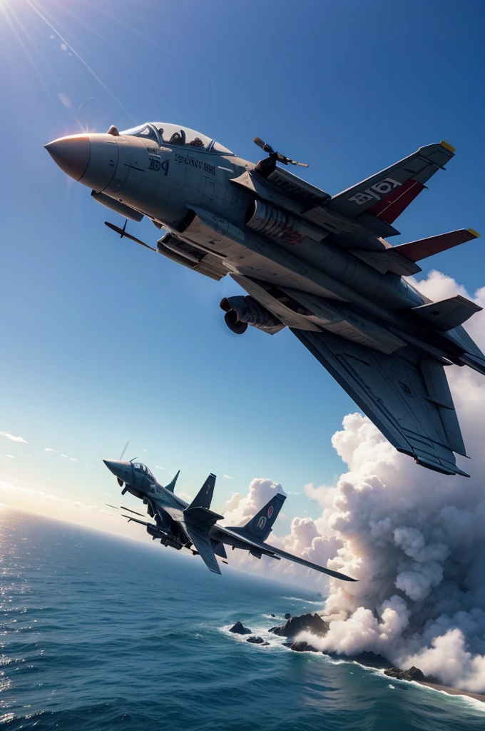 A burning fighter plane falling from the sky during a dogfight over the Pacific Ocean. "hyper realistc"