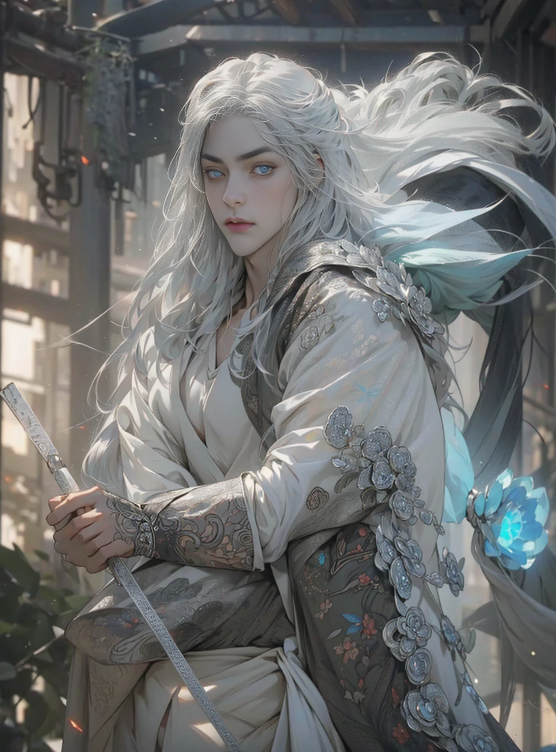 (extreamly delicate and beautiful:1.2), 8K, (tmasterpiece, best:1.0), , (LONG_silver_HAIR_MALE:1.5), Upper body body, a long_haired male, cool and seductive, evil_gaze, wears opened hanfu, half-nudity_chest and intricate detailing, and intricate detailing, finely ((Perfect symmertical eyes:1.5)) and detailed face, Perfect eyes, Equal eyes, Fantastic lights and shadows、white room background、 Uses backlight and rim light