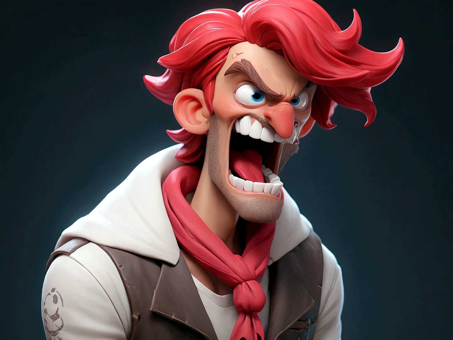 (masterpiece:1),(Best picture quality:1),(Ultra-high quality:1),(8K resolution:1),IP image of a boy,masterpiece,select,Best picture quality,Character Design,Three View,Front view,Side View,Back view,Simple background,Skull,Smile,White vest,Grin,Male focus,Pulling red blood from the mouth,Standing,Different colors,One red eye and one blue eye,red scarf,Red Cape, Pink shoes,Dark fantasy and Giger's style