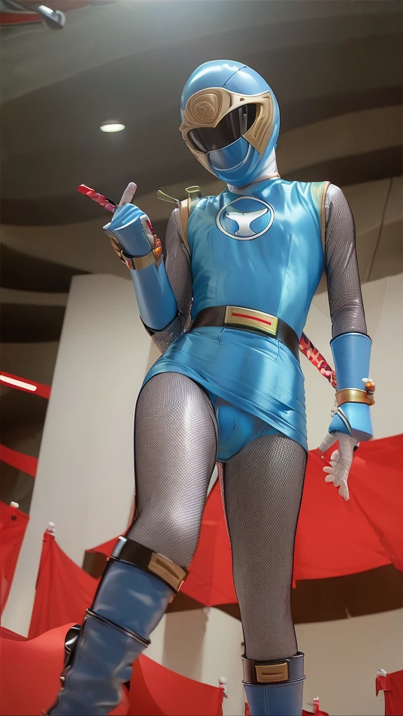 Photorealistic、High resolution、((focus thighs)), ((In a brightly lit research facility))、Hurricaneger Blue、Big Breasts、(covered nipples), Covered navel、Blue rubber suit、belt、A blue helmet that covers the entire face、((Very thin black stockings))、thighs, thighs, Blue long boots、Female Hero、Stand and put your hands on your hips、Lift your legs、(foot on penis), ((footjob))、1boy is wearing Red pants, (penis), (((ejectcum))), (((No background)))、dynamic pose