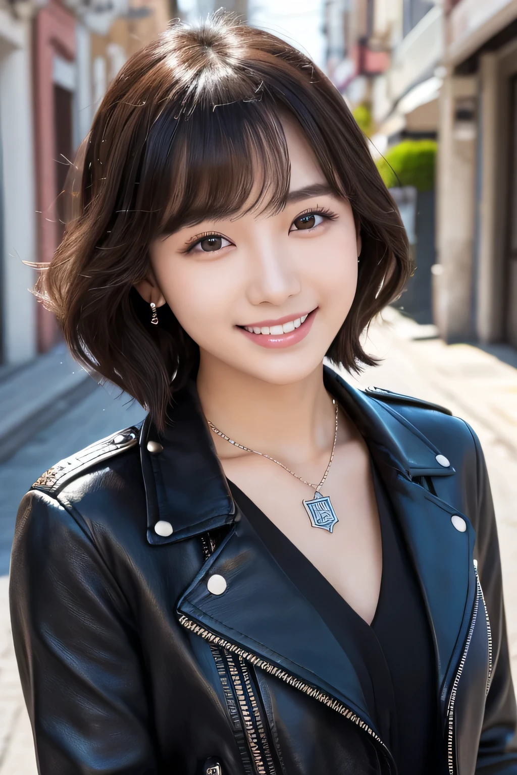 Beautiful young woman of the year、 Korean women、Black Hair、Perm on hair、Necklace around the neck、leather jacket、shirt、smile, Beautiful teeth alignment、Intricate details, Very detailed:1.2), 、 Looking into the camera,The background is the town、Ear piercin、hair band