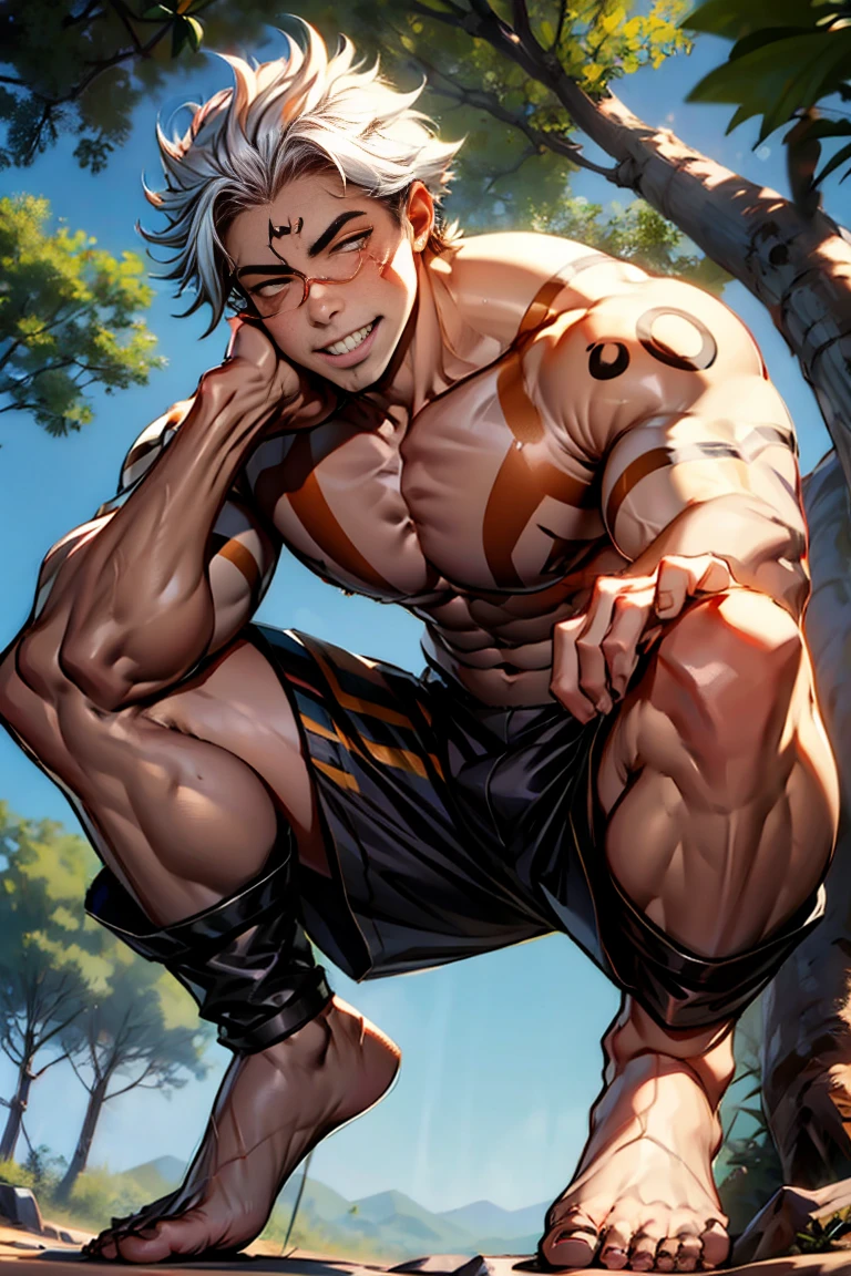 (canto da foto de baixo para cima) (imagem da mais alta qualidade) ，Close-up photos，Lion man ,real, jovem, , vestindo shorts, virilha saliente, imagem de anime, Leaning against a tree, pernas bem abertas, male face, bonito rosto jovem, cabelo subcortado, huge muscle muscles of the chest, large strong thigh muscles, Biceps Sinewy muscles, Corpo enorme, corpo tonificado devido ao treinamento intenso, Well-developed muscles, ABS transparente de 8 embalagens, 3 metros de altura, topless, , pele brilhante, rede de suor pingando, hands on thighs, bare feet, Sem barba，Thick Legs，