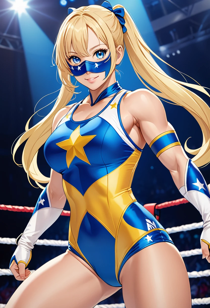 Hair:
Mika has long, blonde hair that she wears in two high ponytails, each secured with blue hair ties. Her ponytails are often depicted as voluminous and flowing.
Face and Eyes:
She has bright blue eyes and a cheerful, expressive face, often with a confident and enthusiastic smile.
Mika's overall facial features are soft, complementing her energetic personality.
Clothing:
Mika's wrestling outfit is a flashy and revealing leotard. The leotard is predominantly blue with white accents and a yellow star motif, reflecting her colorful and vibrant persona.
The leotard has a high-cut design, exposing her legs and emphasizing her athletic build.
She also wears matching blue and white arm guards and thigh-high boots, both of which have yellow star accents.
Accessories and Footwear:
Mika wears a blue mask with white accents around her eyes, which enhances her wrestling persona and adds to her theatrical appearance in the ring.
Her boots are sturdy and designed for wrestling, matching the color scheme of her outfit.
Body and Build:
Mika has a strong, athletic build, showcasing her prowess as a professional wrestler. Her physique is muscular yet feminine, highlighting her strength and agility.