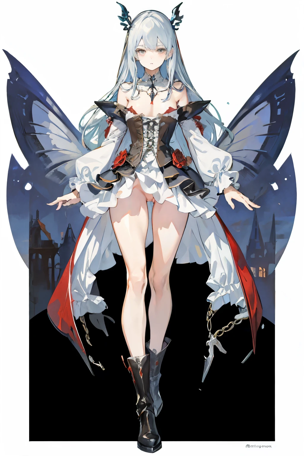  ((best quality)), ((masterpiece)), (detailed), 1girl, Character design, female, dynamic poses, long white grey hair, grey white eyes, very skinny, detailed, best quality, no accesoires around the neck, no shoes, prominent collarbones, skinny arms, flat stomach, visible hip bones, full body, blank white background, plain background, white background, red and white clothing, Bloodborne inspired, occult aesthetic, occult, detailed and intricate steampunk and detailed gothic, NSFW, Very dramatic and cinematic lighting, cosmic horror, grim-dark, side-lighting, perfect face, NSFW, Fluttering lace flared long knee length dress with frilly petticoats, knee length dress, pleated petticoats, petticoats gothic, complex lace boots, side-lighting, gothic aesthetic, wielding a mighty sword with mechanical components, mandalas, small breasts, a fairy, various different types of insect wings, NSFW, full body, whole body, body, plain background, white background, blank background, no background, white background NSFW, chains, full body, whole body, head-to-toe NSFW 