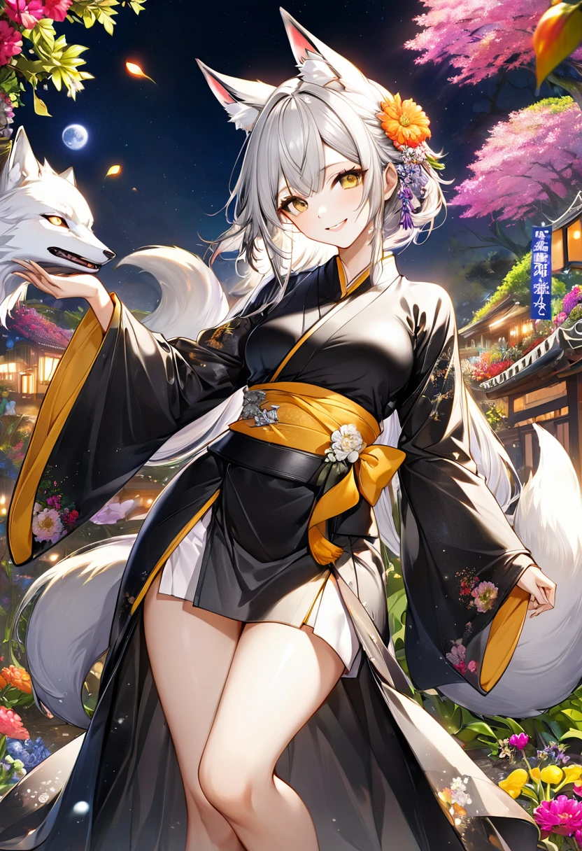 (masterpiece, highest quality, highest quality, Official Art, beautifully、aesthetic:1.2), (1 Men:1.3), (Fractal Art:1.3), miyabi, highest quality, Realistic, Super detailedな, (Shiny skin:1.4), View Viewer, tall、190 cm、Men with good physique、alone, Silver Hair、Golden Eyes、Dynamic Lighting, High resolution, Sharp focus, Depth of written boundary, Side bust, Fox Ears、animal, Wolf Ears, masterpiece, highest quality, Super detailed, figure, Super detailed face, highest quality face, evil, 30 years old, Adult, Alchemy Outfit, Intricate and elaborate costumes, Sexy pose, Shiny black Hanfu,Digital Art, Detailed drawn eyes, Blushing,(Flower garden background:1.5),smile,(front leg pose:1.5),(上面figure:1.3)