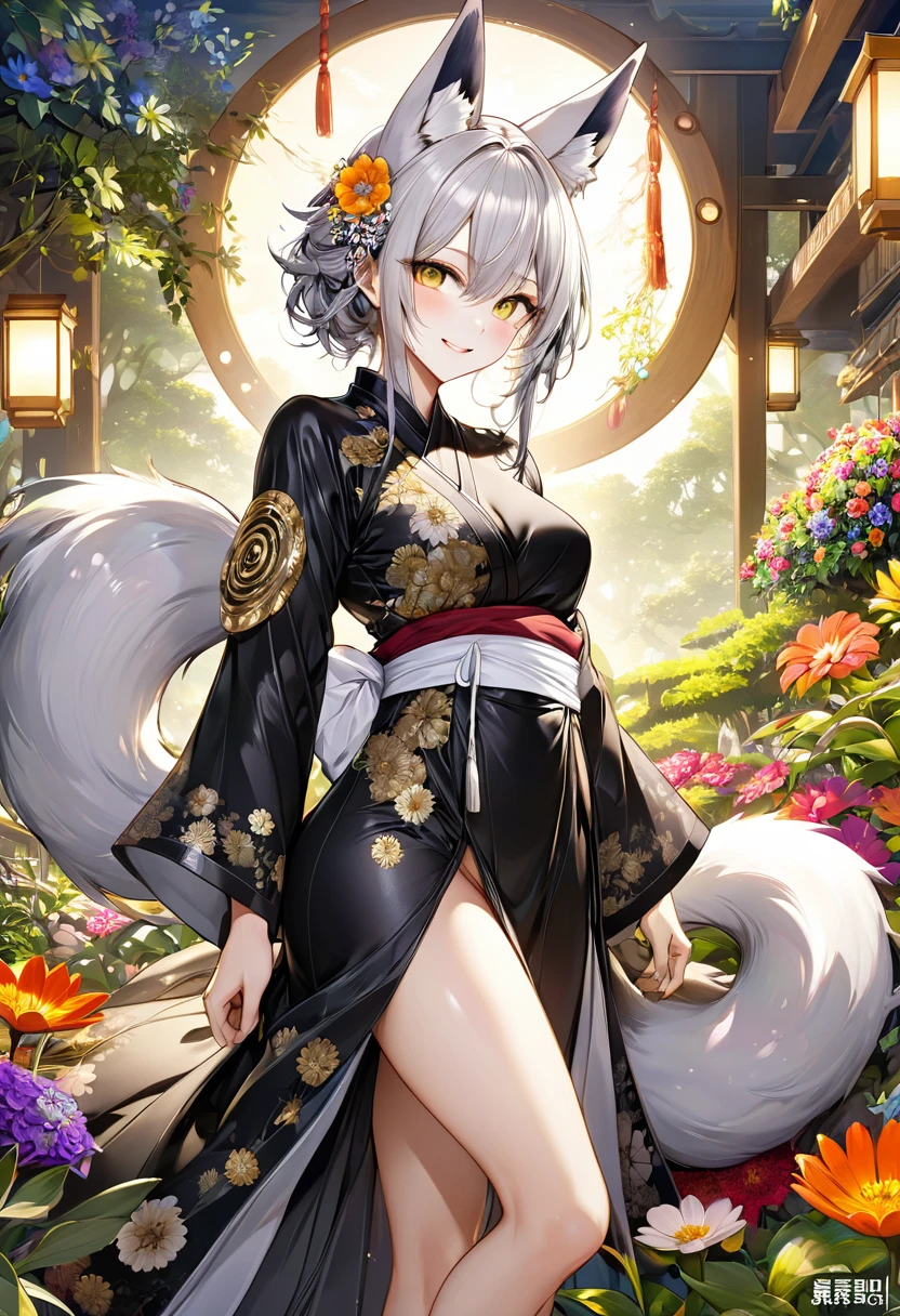 (masterpiece, highest quality, highest quality, Official Art, beautifully、aesthetic:1.2), (1 Men:1.3), (Fractal Art:1.3), miyabi, highest quality, Realistic, Super detailedな, (Shiny skin:1.4), View Viewer, tall、190 cm、Men with good physique、alone, Silver Hair、Golden Eyes、Dynamic Lighting, High resolution, Sharp focus, Depth of written boundary, Side bust, Fox Ears、animal, Wolf Ears, masterpiece, highest quality, Super detailed, figure, Super detailed face, highest quality face, evil, 30 years old, Adult, Alchemy Outfit, Intricate and elaborate costumes, Sexy pose, Shiny black Hanfu,Digital Art, Detailed drawn eyes, Blushing,(Flower garden background:1.5),smile,(front leg pose:1.5),(上面figure:1.3)