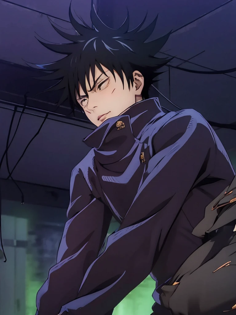 1male, megumi fushiguro in anime jujutsu kaisen, short hair , black hair, brown eyes, handsome, black clothes, smile, realistic clothes, detail clothes, building background, ultra detail, realistic