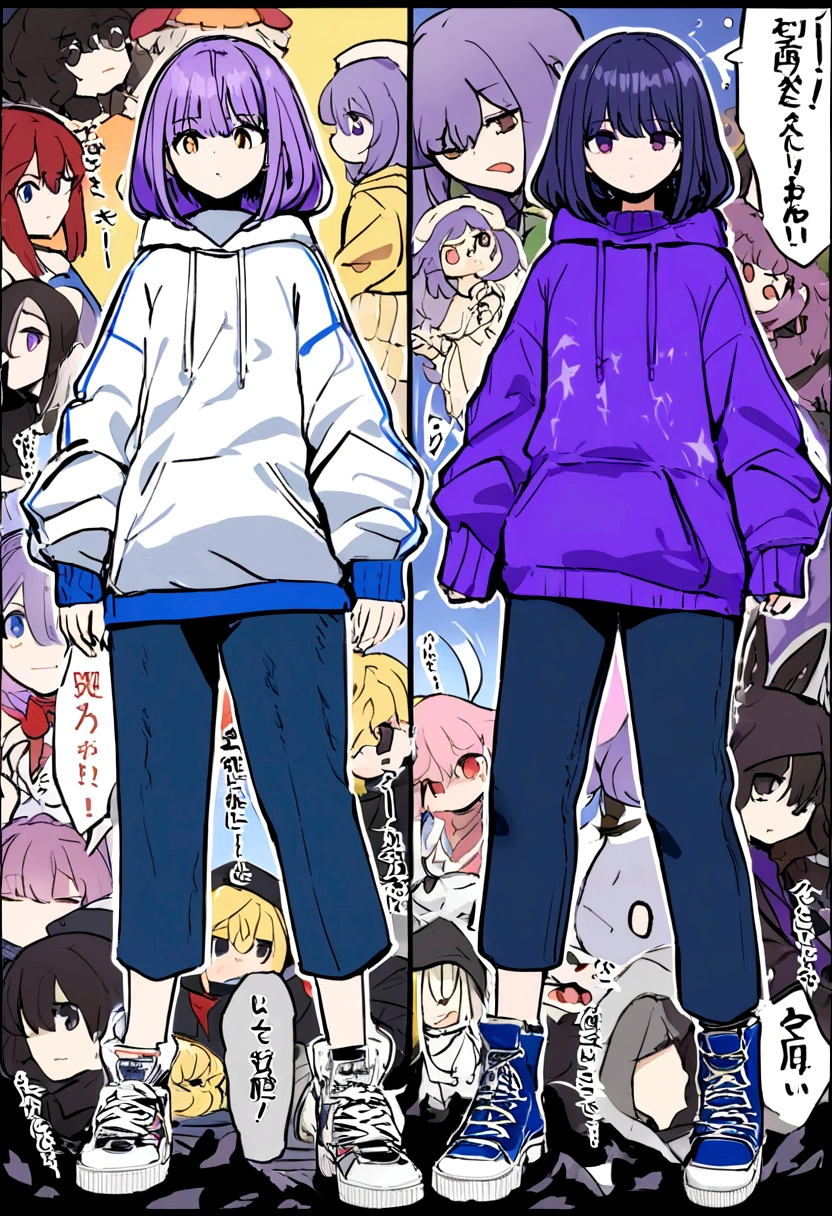 purple hair is cubic and fashionable in five points, y toma la apariencia siniestra de un juego de mordazas, el flequillo de su cabello tiene 2 puntas. Usa Una sudadera color azul oscuro, manga larga holgado, una capucha. Dark denim pants and dark and white sports sneakers.
