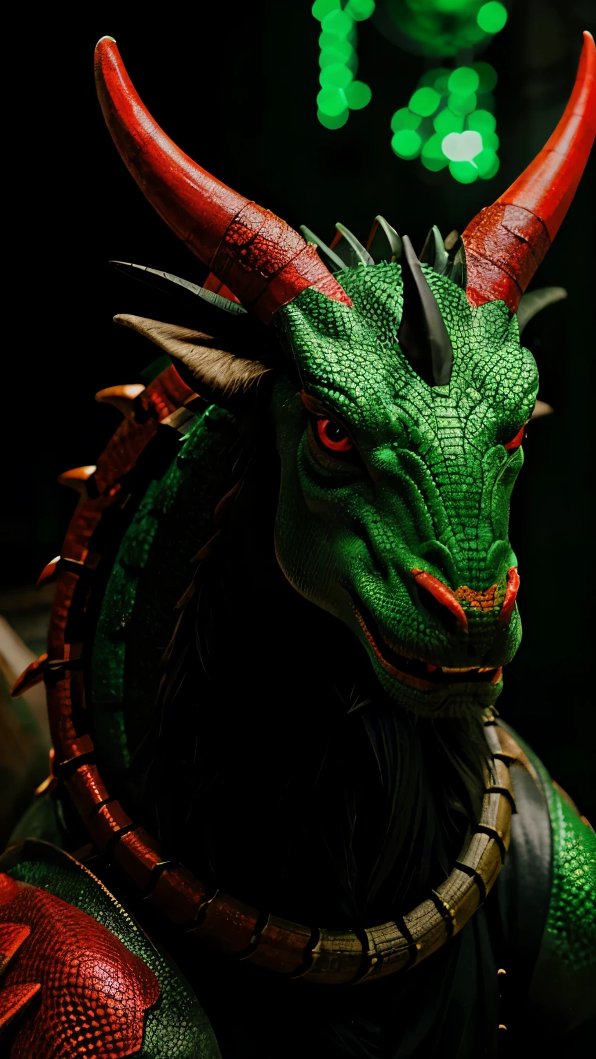 Dragon: black, red, green eyes, light green horns.