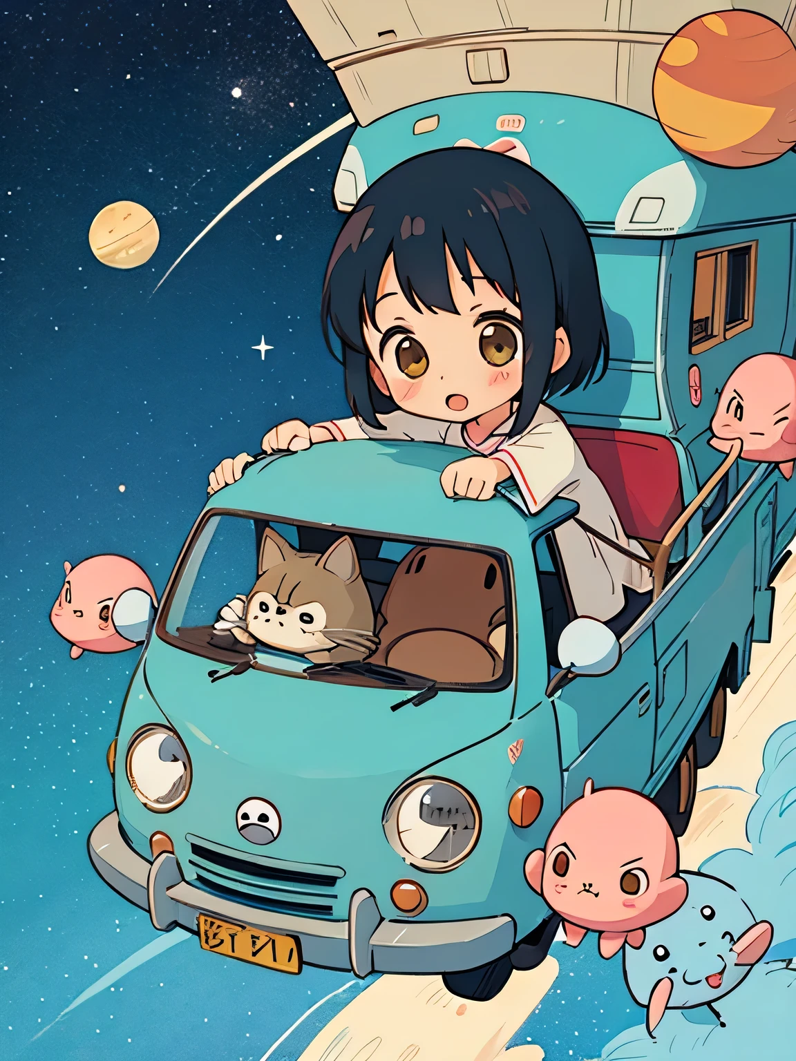 Hayao Mayazaki style, Kawaii Design, The most beautiful girl of all time、Chibi, totoro, Space Travel, Cat Bus
