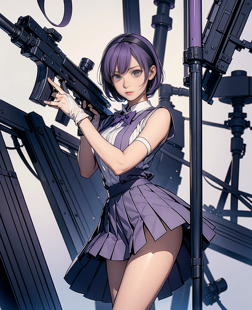 1girl, solo, short hair, skirt, shirt, gloves, white background, bow, holding, , purple eyes, white shirt, weapon, purple hair, pleated skirt, shoes, black gloves, socks, bowtie, holding weapon, gun, sneakers, holding gun, armband, rifle, grey skirt, headset, assault rifle, grey gloves, load bearing vest