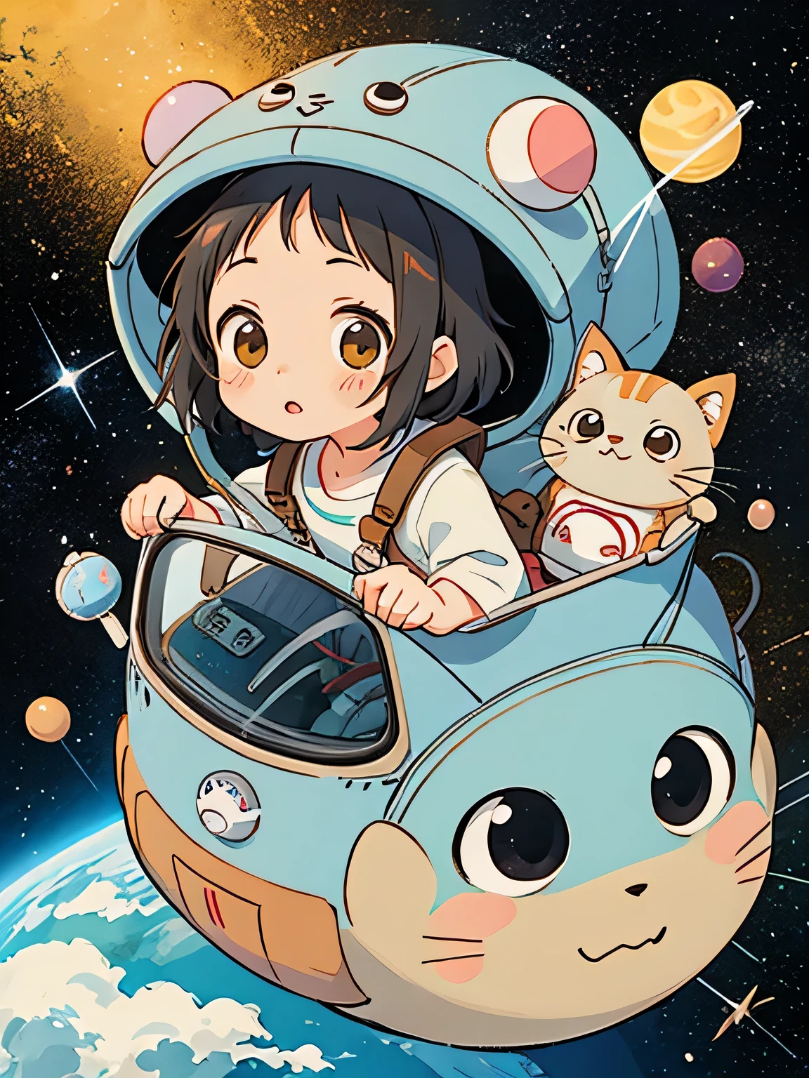 Hayao Mayazaki style, Kawaii Design, The most beautiful girl of all time、Chibi, totoro, Space Travel, Cat Bus