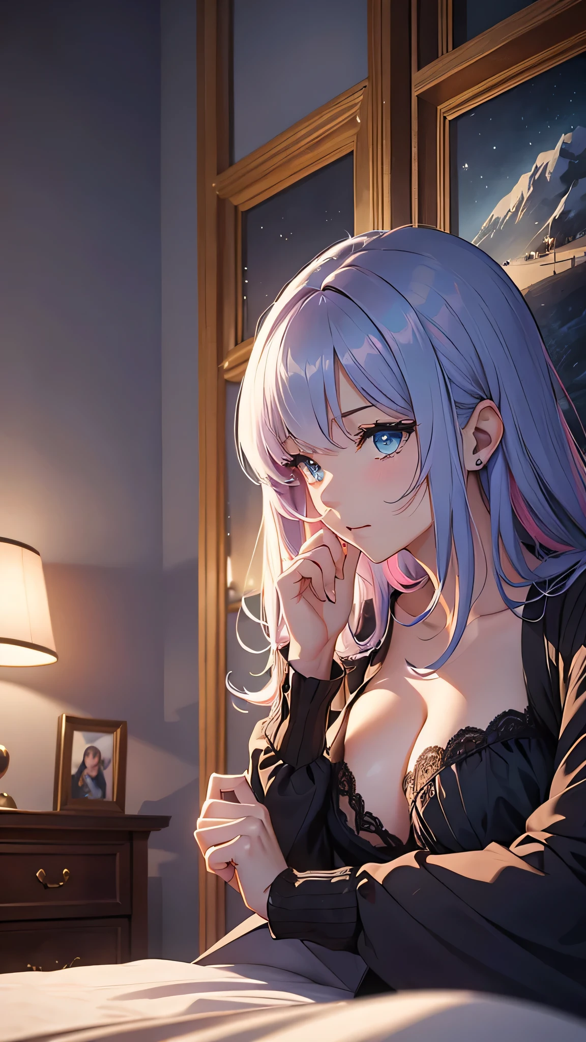 Highest quality、Highest quality、Masterpiece、girl((20-year-old、as soon as、Highest Bust、Medium Bust、Wide open chest、Red glowing eyes、Light Blue Hair、Disheveled Hair、Loincloth、thin、The best valley、Open chest、Full body view、Black Dress、Completely naked、sleep on bed))、high quality、Beautiful Art、background((night、Luxury Hotel、bed、Pink lighting))、flight、Flying Debris、Depth of text、movie、Visual Arts、Perfect Art、8K、Genuine、Special Angles