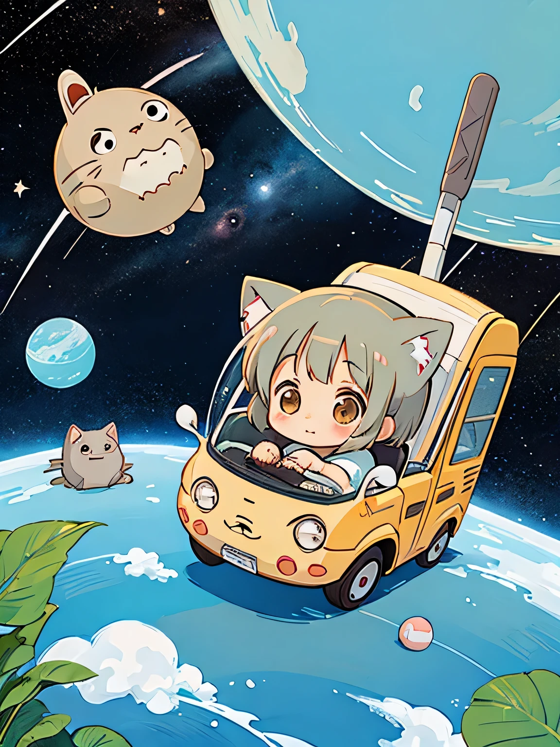 Hayao Mayazaki style, Kawaii Design, The most beautiful girl of all time、Chibi, totoro, Space Travel, Cat Bus