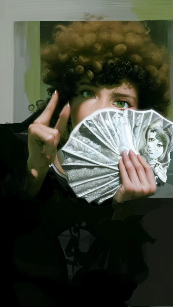 (best quality,4k,8k,highres,masterpiece:1.2),ultra-detailed,realistic,photorealistic:1.37, portrait, money fan covering her face, middle finger, curly afro