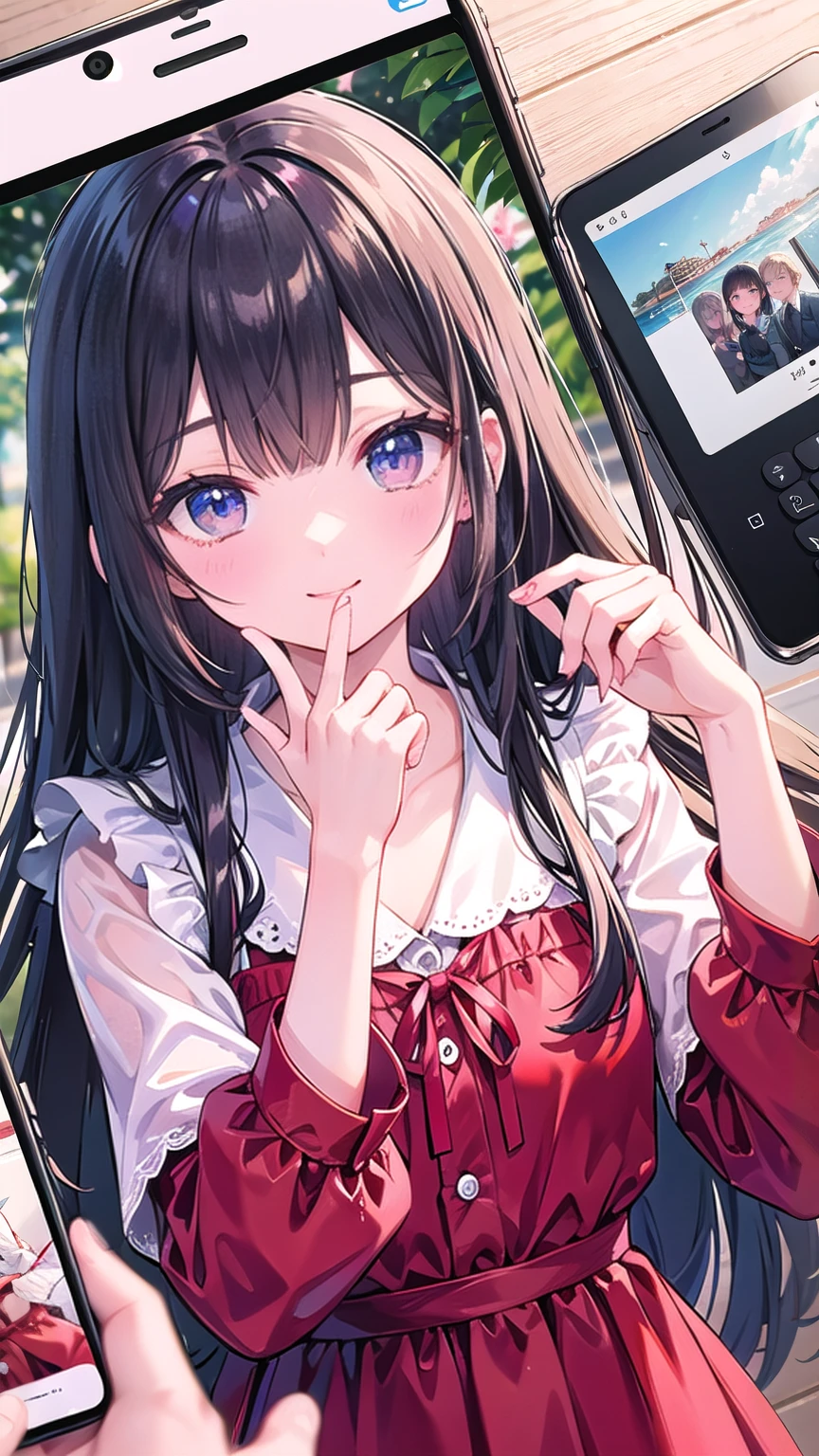 Photo of hands looking at photos of memories in old albums and on smartphone screens。There is a smiling person in the photo