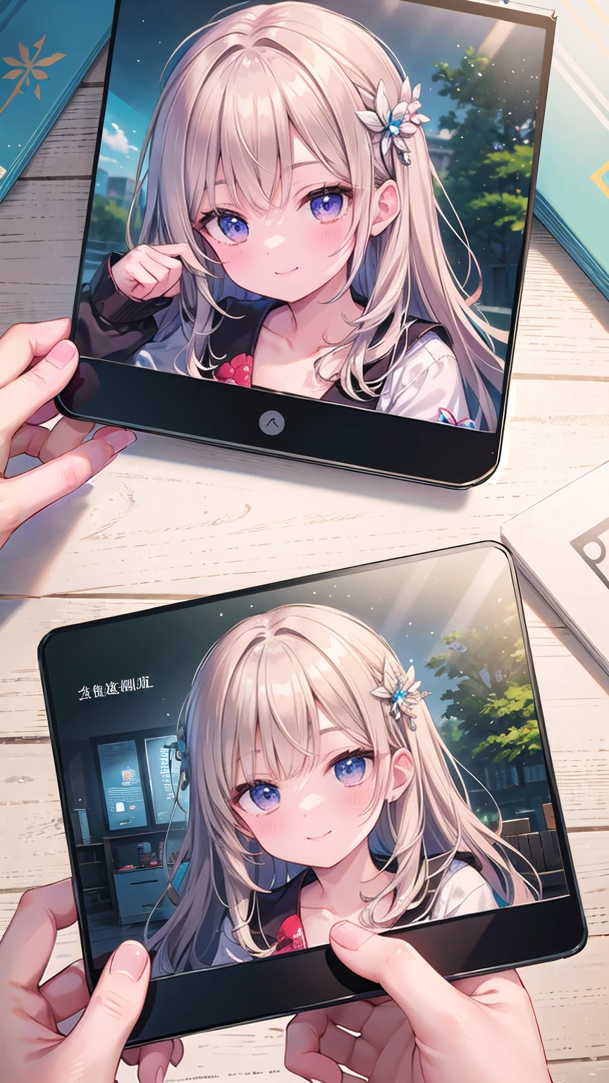 Photo of hands looking at photos of memories in old albums and on smartphone screens。There is a smiling person in the photo