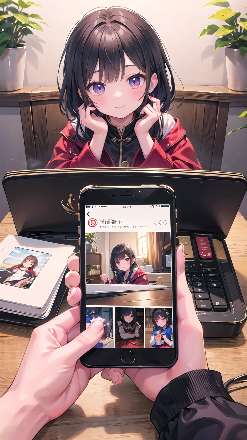 Photo of hands looking at photos of memories in old albums and on smartphone screens。There is a smiling person in the photo