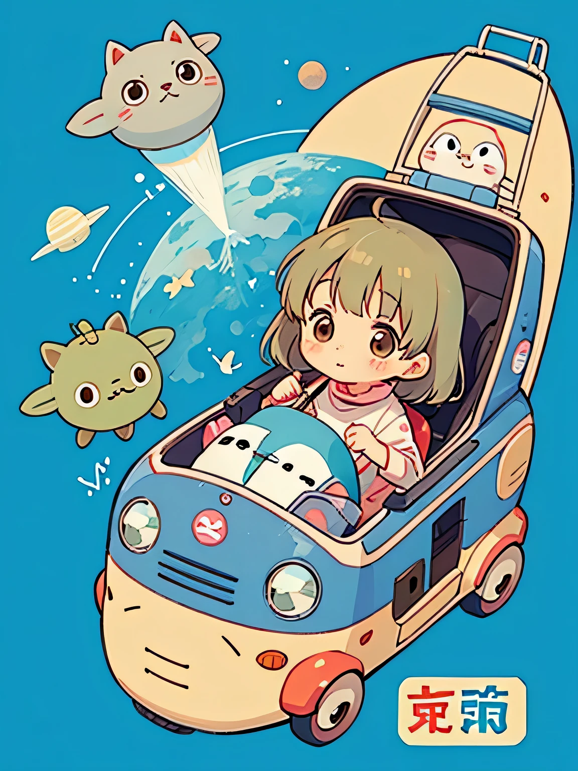 Hayao Mayazaki style, Kawaii Design, The most beautiful girl of all time、Chibi, totoro, Space Travel, Cat Bus