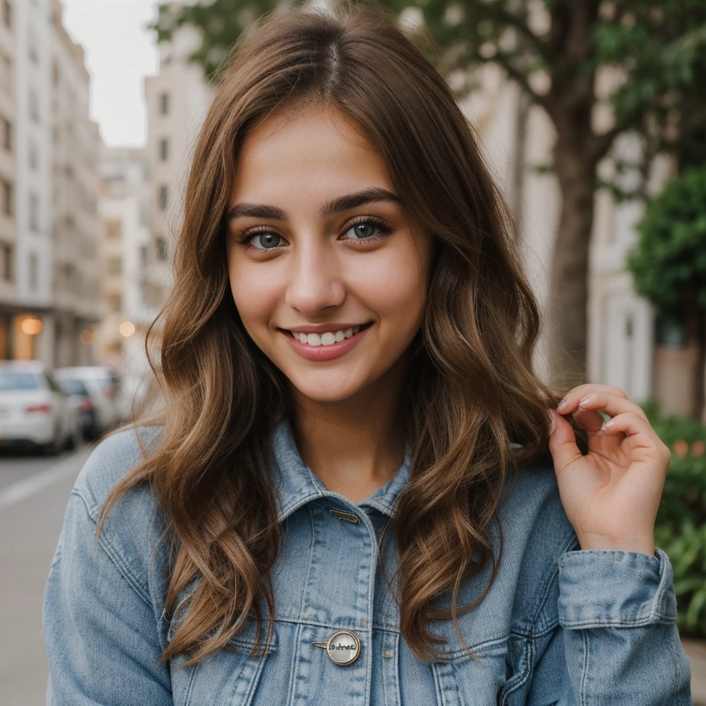 one cute women, 22YO, white, Arab, cute face, realistic brown eyes, blue jacket, blonde/brown hair, cute smile, skinny face, white realistic teethes, big eyes, long hair, no hands