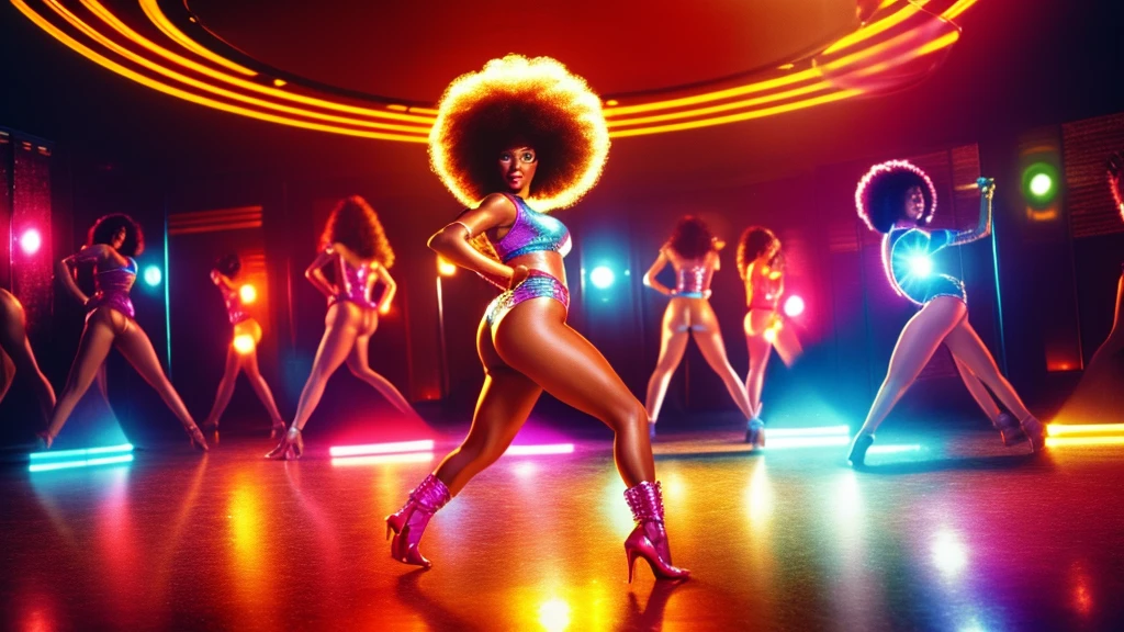 1970s party, beautiful multi-racial women with huge buttocks, dancing, afro, 1970s attire, disco floor, 35mm, depth of field, cinematic lighting, reflection light, backlighting, masterpiece, anatomically correct, textured skin