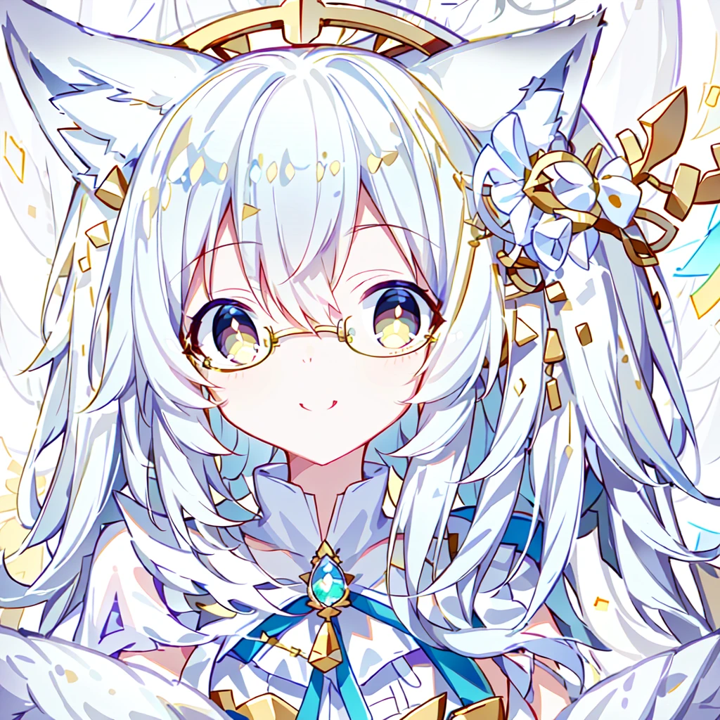 ((Best quality)), ((masterpiece)), (detailed), best quality,8k,original photo,White Fox Girl,touch fox,Castle Background, Liveliness. Carefree happy joy bokeh background. Quiet aesthetics. Soft lighting. Artistic Lighting. Gold frame glasses