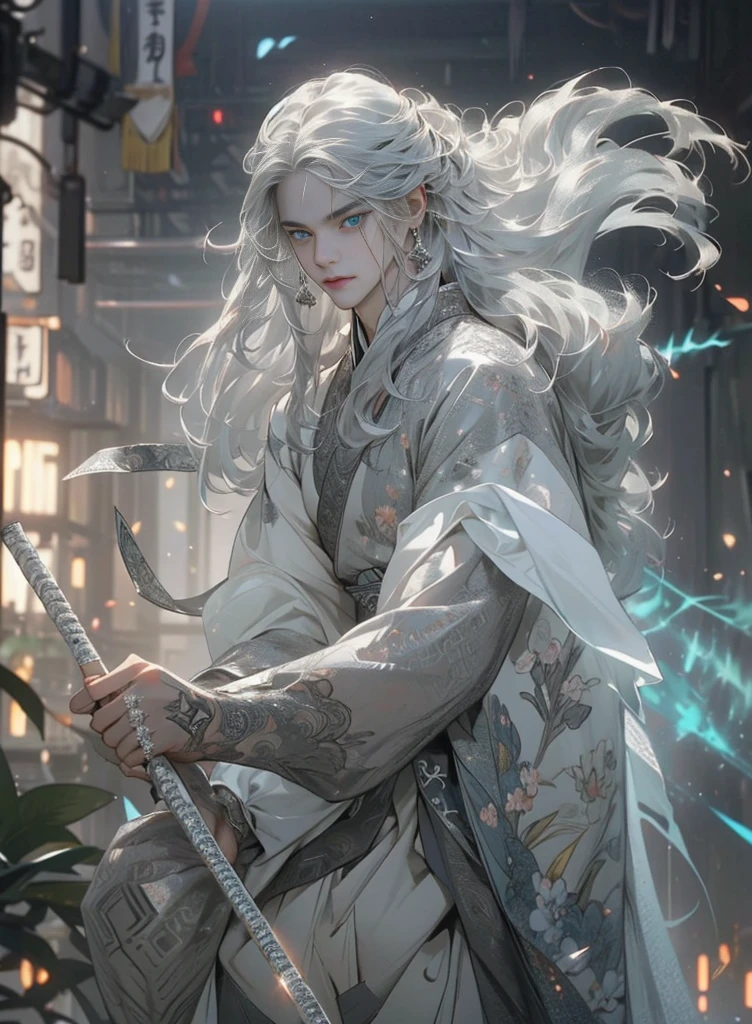 (extreamly delicate and beautiful:1.2), 8K, (tmasterpiece, best:1.0), , (LONG_silver_HAIR_MALE:1.5), Upper body body, a long_haired male, cool and seductive, evil_gaze, wears opened hanfu, half-nudity_chest and intricate detailing, and intricate detailing, finely ((Perfect symmertical eyes:1.5)) and detailed face, Perfect eyes, Equal eyes, Fantastic lights and shadows、white room background、 Uses backlight and rim light