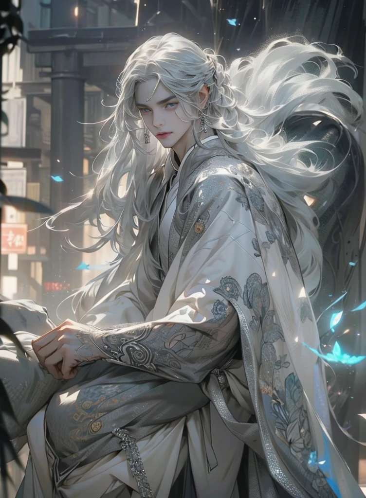 (extreamly delicate and beautiful:1.2), 8K, (tmasterpiece, best:1.0), , (LONG_silver_HAIR_MALE:1.5), Upper body body, a long_haired male, cool and seductive, evil_gaze, wears opened hanfu, half-nudity_chest and intricate detailing, and intricate detailing, finely ((Perfect symmertical eyes:1.5)) and detailed face, Perfect eyes, Equal eyes, Fantastic lights and shadows、white room background、 Uses backlight and rim light