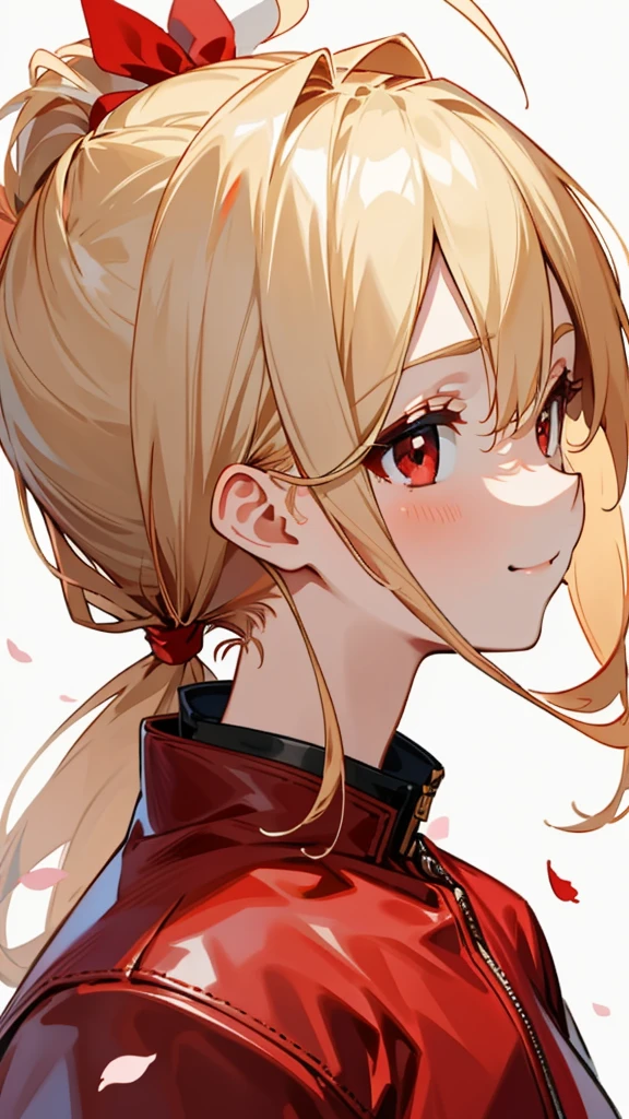 (highest quality,masterpiece,Surreal),Blonde ponytail、Ahoge、Beautiful red eyes、smile、profile、Red leather jacket、Beautiful and delicate girl portrait,Playful and cute,Background Petals fluttering,