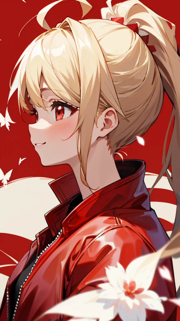 (highest quality,masterpiece,Surreal),Blonde ponytail、Ahoge、Beautiful red eyes、smile、profile、Red leather jacket、Beautiful and delicate girl portrait,Playful and cute,Background Petals fluttering,